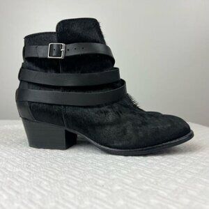 Matiko Boots Womens 6.5 Slip On Buckle Strap Ankle Bootie Black Fur Calf Heels